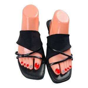 3694 Contesa Brown Mules Strappy Stretchy Sandals 11M Wedge Heels Faux Leather